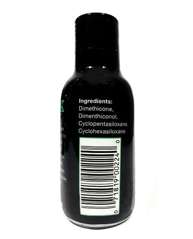 Black bottle with ingredients list and barcode on a white background