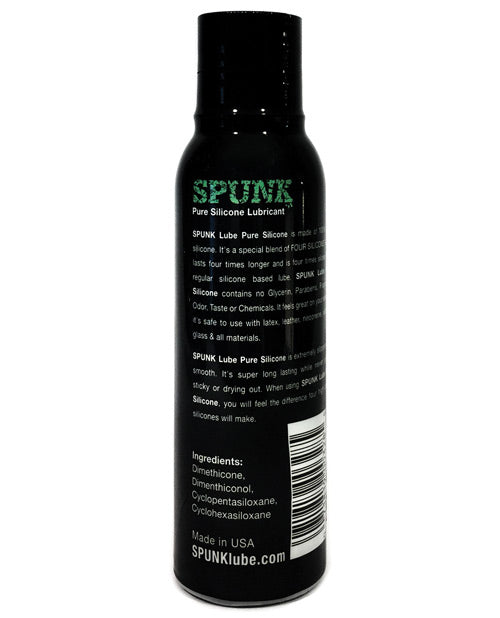 Black bottle of SPUNK Pure Silicone Lubricant with text on a white background
