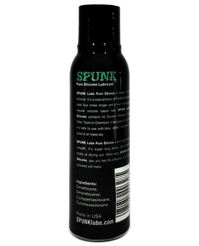 Black bottle of SPUNK Pure Silicone Lubricant with text on a white background