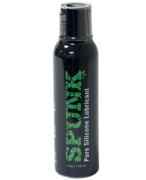 Black bottle of Spunk pure silicone lubricant on a white background