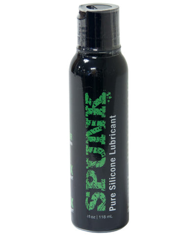 Black bottle of Spunk pure silicone lubricant on a white background