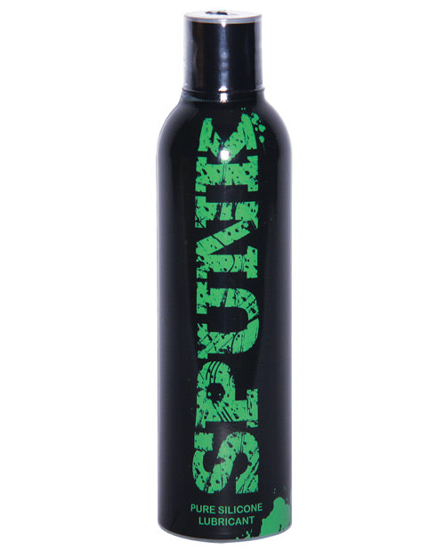 Black bottle with green text on a white background