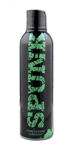 Black bottle of silicone lubricant with green text on a white background