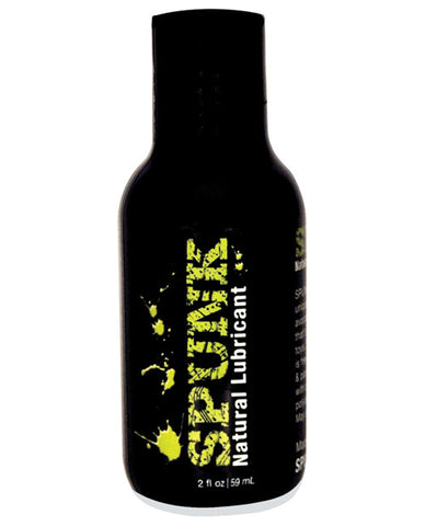 Black bottle of Spunk natural lubricant with yellow text on a white background