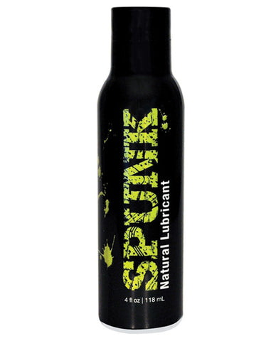Black bottle of Spunk natural lubricant with yellow text on a white background