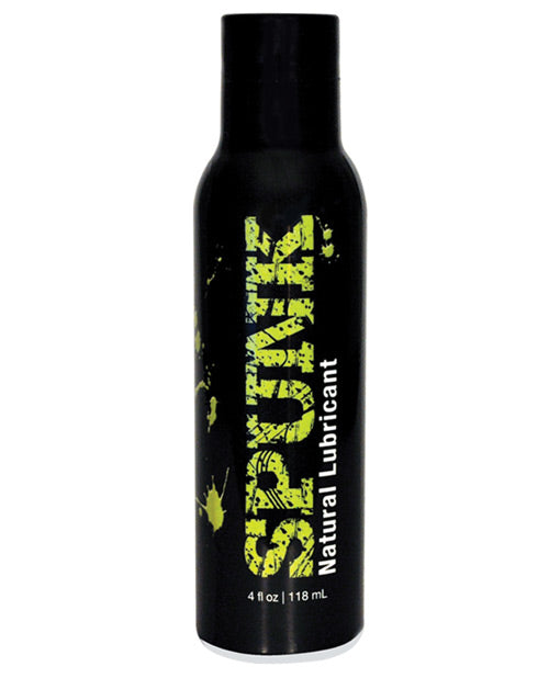 Black bottle of Spunk natural lubricant with yellow text on a white background
