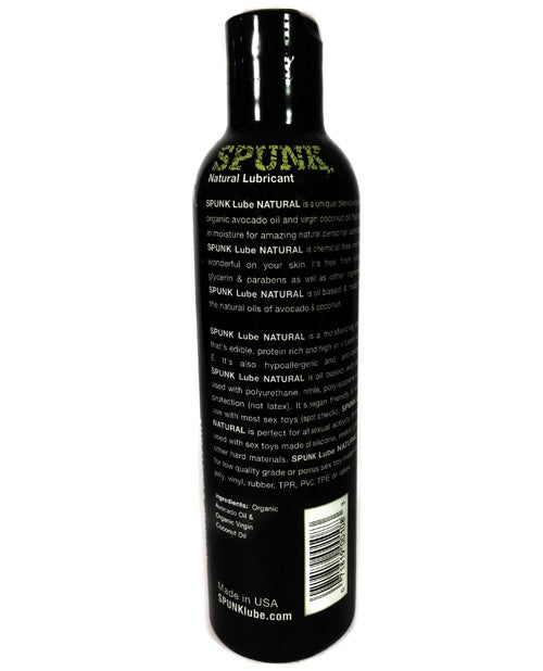 Black bottle of SPUNK Lube Natural lubricant with text on a white background