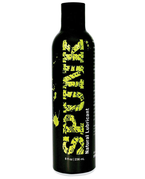Black bottle of Spunk natural lubricant with yellow text on a white background