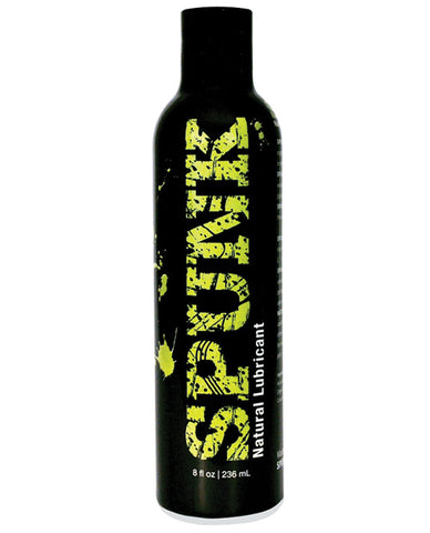 Black bottle of Spunk natural lubricant with yellow text on a white background