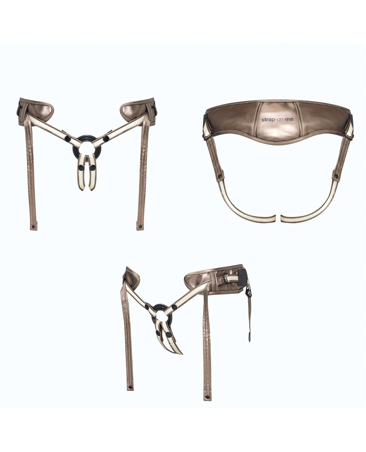 Three views of a metallic bronze leather harness-style accessory with straps, shown on a plain white background.