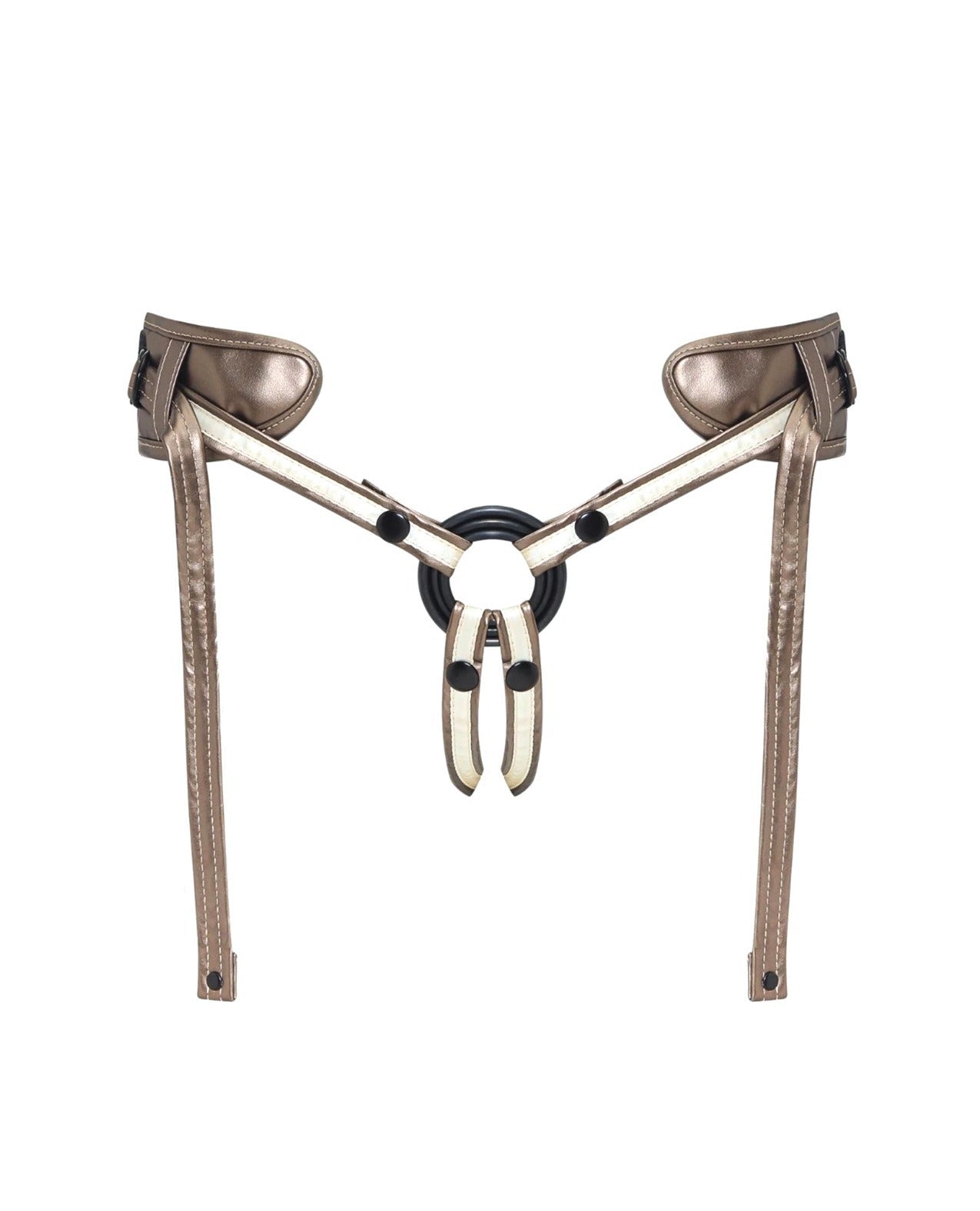 A metallic gold harness with adjustable straps and a central ring, displayed against a solid white background.
