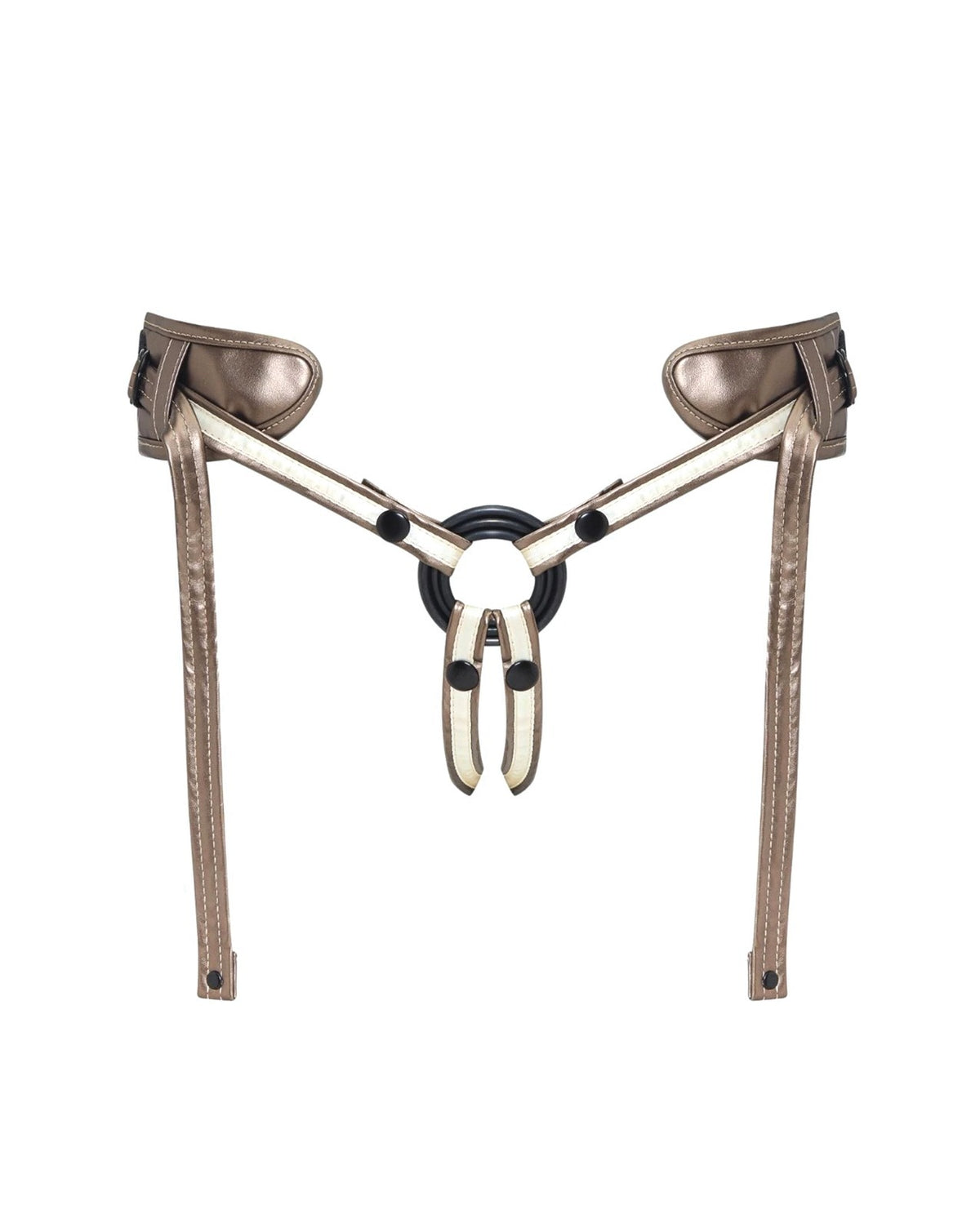 A metallic gold harness with adjustable straps and a central ring, displayed against a solid white background.