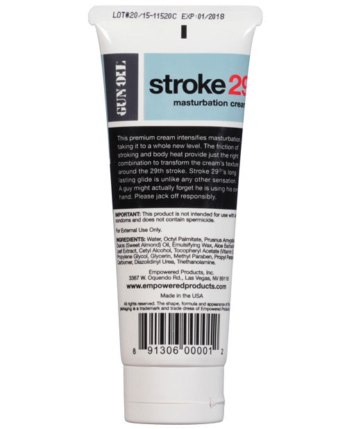Tube of 'stroke 29' masturbation cream with text and branding on a white background