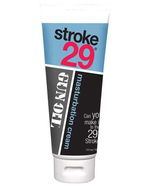 Tube of 'stroke 29' masturbation cream with text on a white background