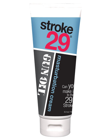 Tube of 'stroke 29' masturbation cream with text on a white background