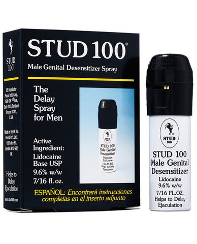 STUD 100 male genital desensitizer spray packaging and bottle on a white background