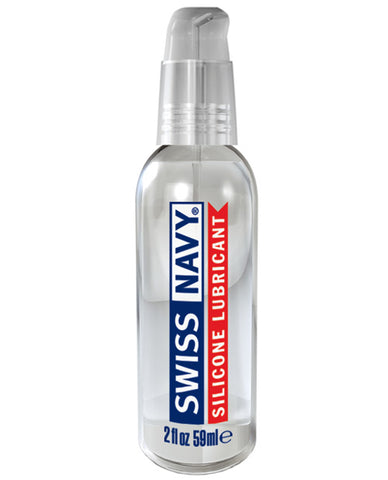 Bottle of Swiss Navy silicone lubricant on a white background