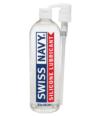 Clear bottle of Swiss Navy silicone lubricant with pump on a white background