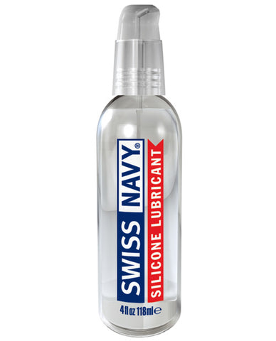 Bottle of Swiss Navy silicone lubricant on a white background