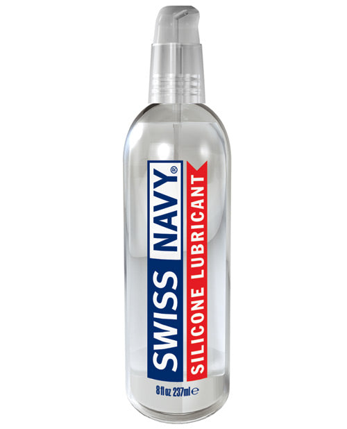 Clear bottle of Swiss Navy silicone lubricant on a white background