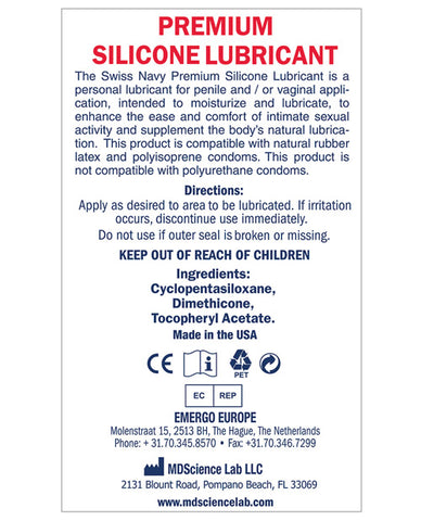 Product label for Swiss Navy Premium Silicone Lubricant with text and logos.