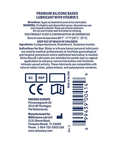 Back label of a Swiss Navy lubricant container with text, directions, and product details.