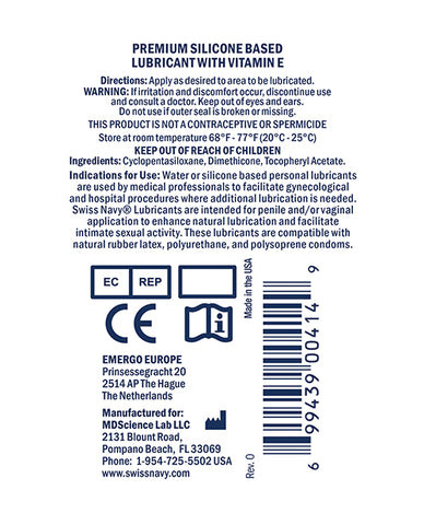Back label of a Swiss Navy lubricant container with text, directions, and product details.