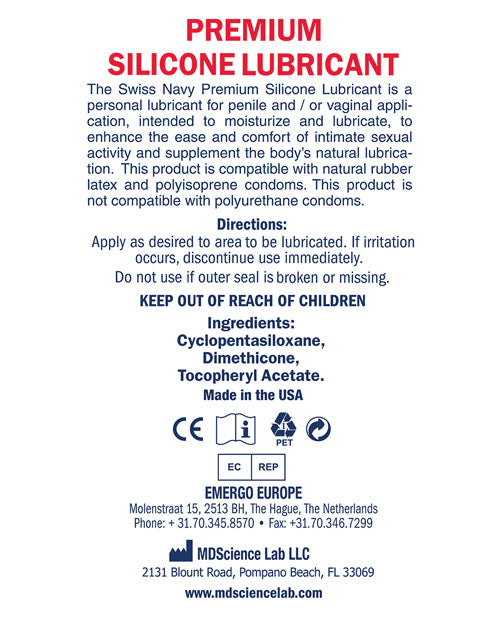 Product label for Swiss Navy Premium Silicone Lubricant with text and branding.