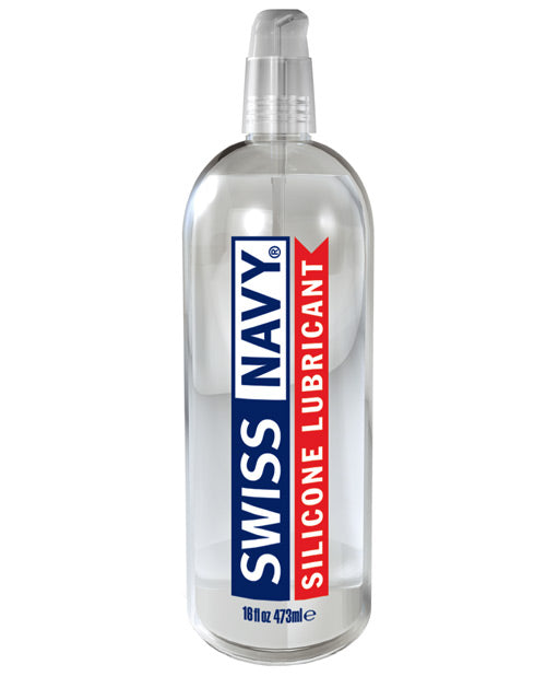 Bottle of Swiss Navy silicone lubricant on a white background