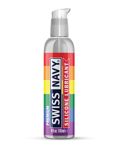 Swiss Navy silicone lubricant bottle with rainbow label on a white background
