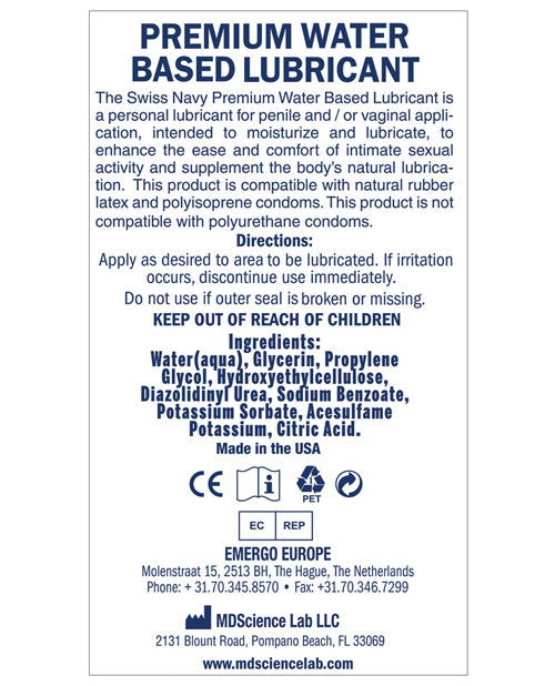 The back label of a bottle of Swiss Navy.