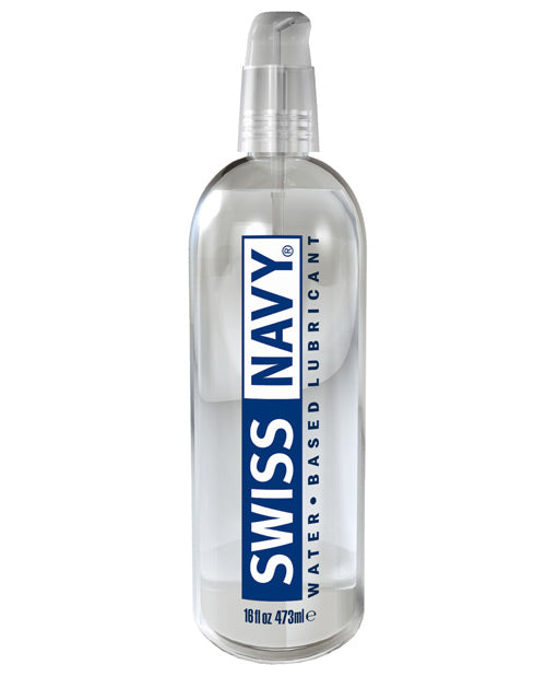 A clear pump bottle of Swiss Navy waterbased lubricant. The logo is blue and white.