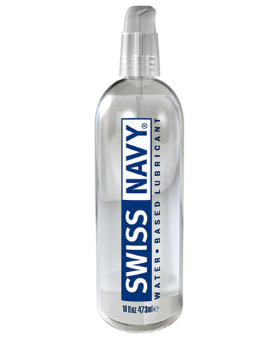 A clear pump bottle of Swiss Navy waterbased lubricant. The logo is blue and white.