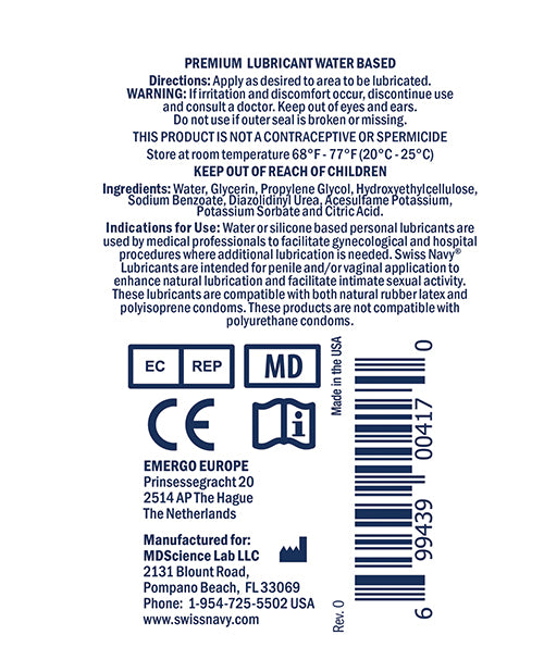 The back label of a bottle of Swiss Navy.