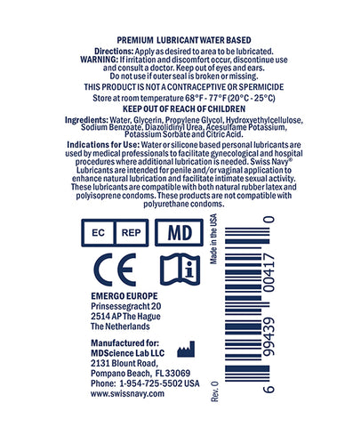The back label of a bottle of Swiss Navy.