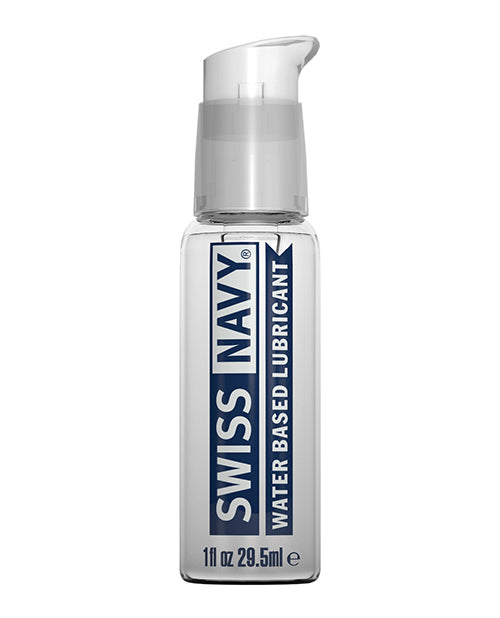 A clear pump bottle of Swiss Navy waterbased lubricant. The logo is blue and white.