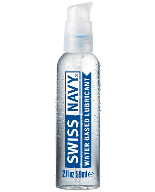 A clear pump bottle of Swiss Navy waterbased lubricant. The logo is blue and white.