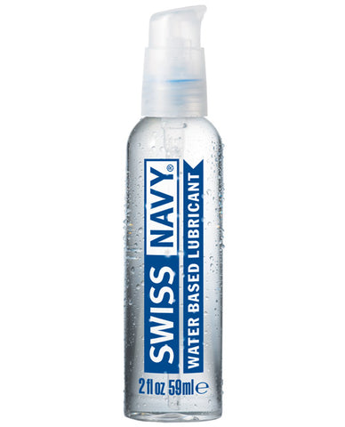 A clear pump bottle of Swiss Navy waterbased lubricant. The logo is blue and white.