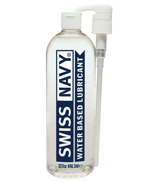 A clear flip-top bottle of Swiss Navy waterbased lubricant. The logo is blue and white. There is an included pump in the photo.