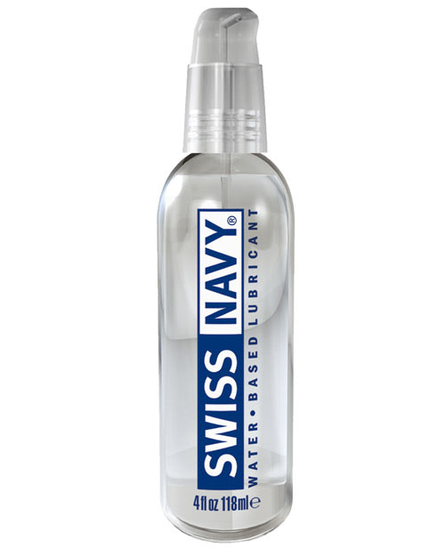 A clear pump bottle of Swiss Navy waterbased lubricant. The logo is blue and white.