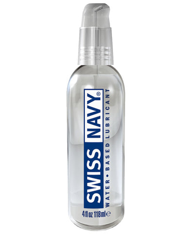 A clear pump bottle of Swiss Navy waterbased lubricant. The logo is blue and white.