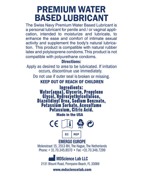 The back label of a bottle of Swiss Navy.
