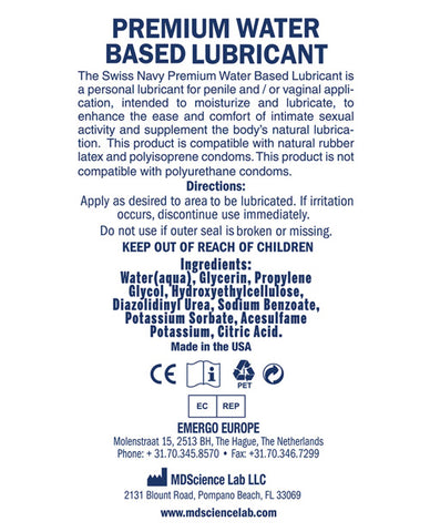 The back label of a bottle of Swiss Navy.
