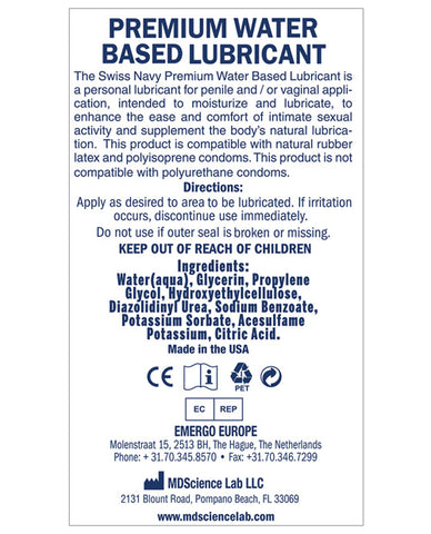 The back label of a bottle of Swiss Navy.