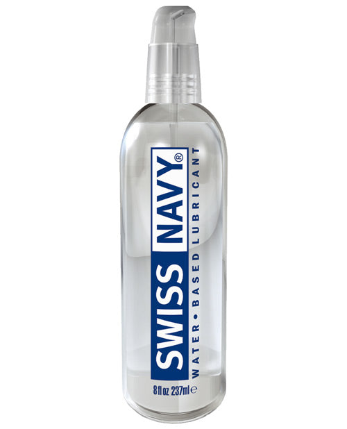 A clear pump bottle of Swiss Navy waterbased lubricant. The logo is blue and white.