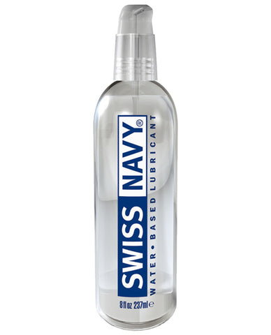 A clear pump bottle of Swiss Navy waterbased lubricant. The logo is blue and white.
