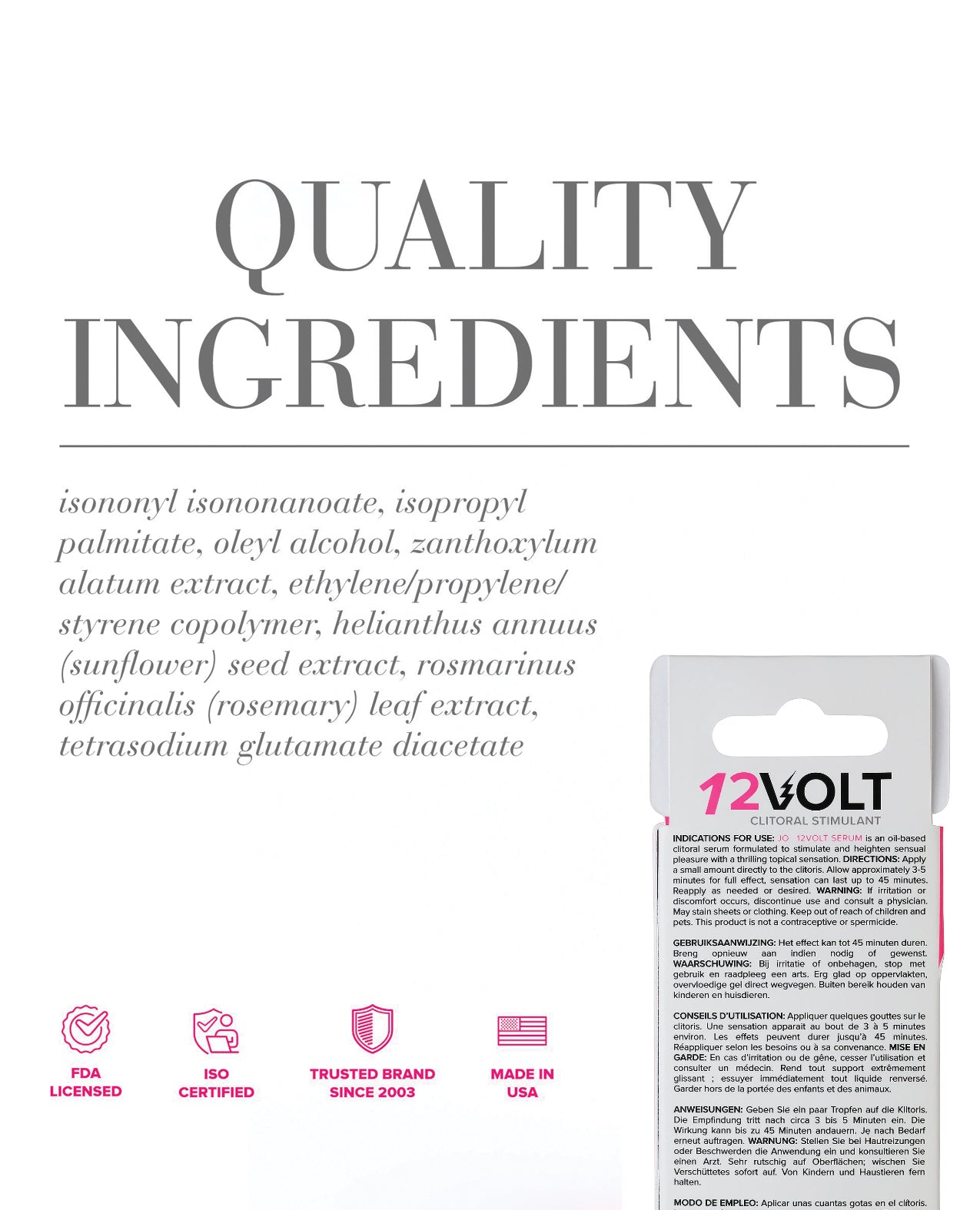 Product packaging with '12 Volt' branding and quality ingredients list on a white background
