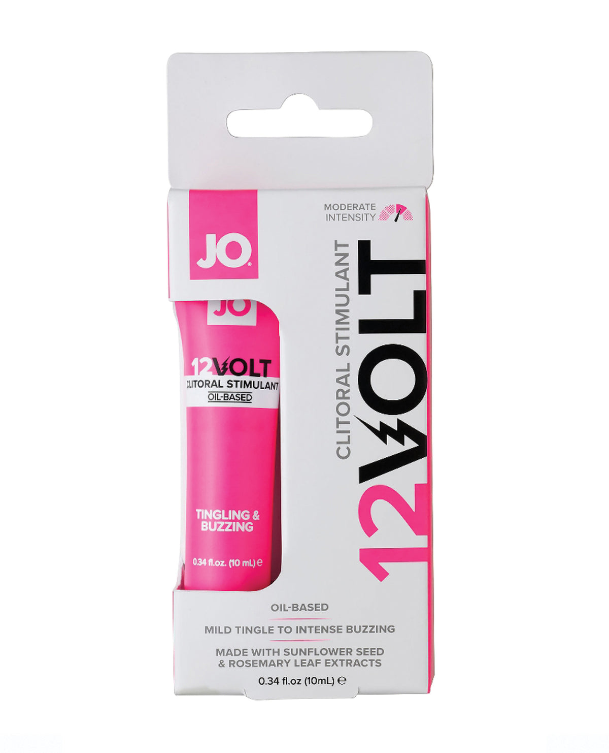 12 Volt clitoral stimulant packaging with pink and white design on a white background