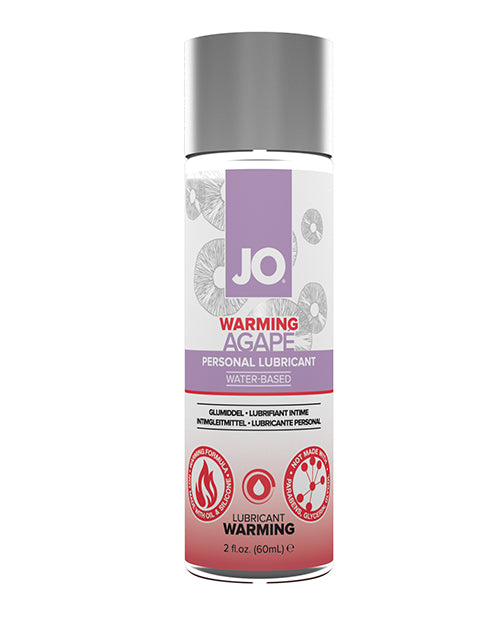 A bottle of System JO Warming Agape Lubricant. The label is purple at the top with the words "Personal Lubricant - Water-based" on it and red at the bottom with the words "warming lubricant."