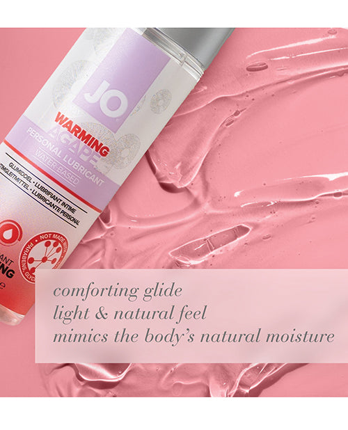 A graphic with a pink background featuring a bottle of Warming Agape lube that says "comforting glide," "light & natural feel," and "mimics the body's natural moisture."